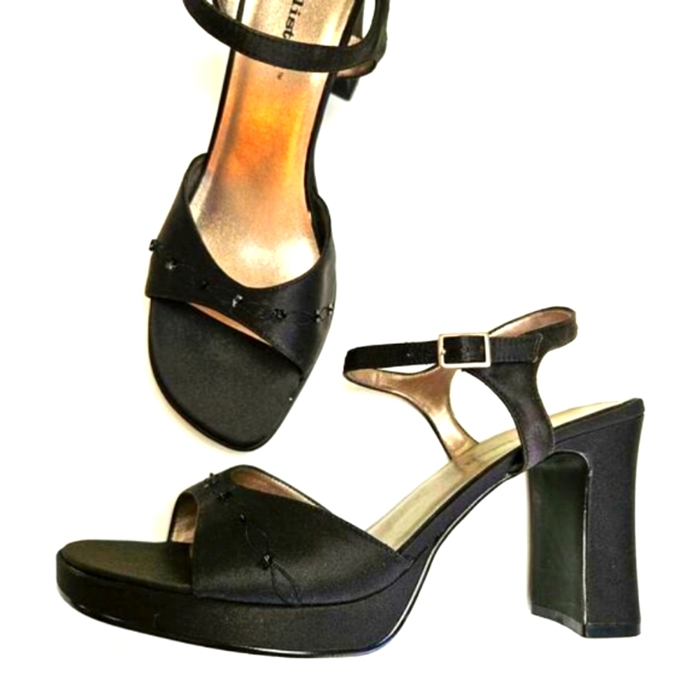 Y2K Unlisted Wedge Heels Women's 10 Black Satin Sequin Ankle Strap Sandals